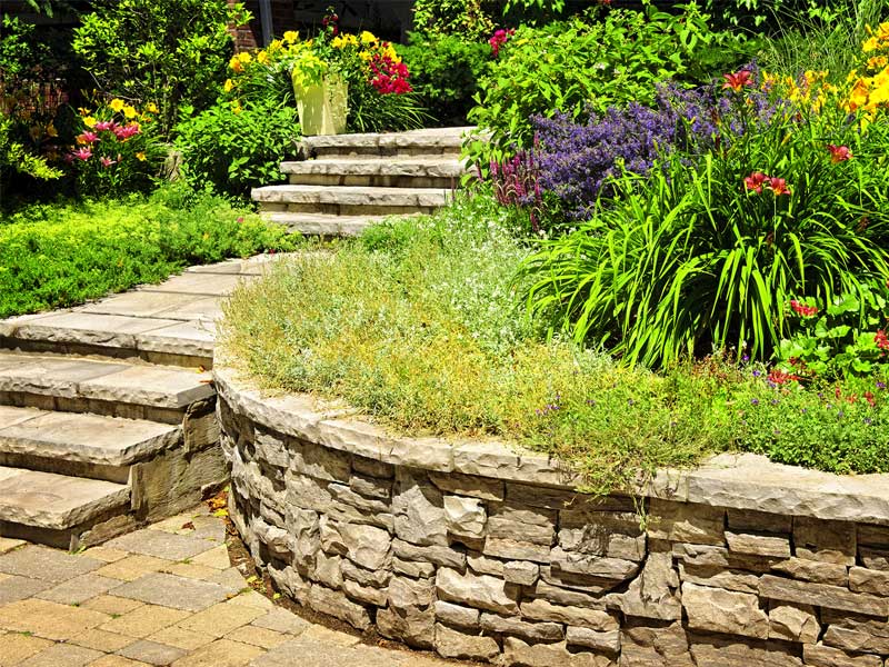 Stone paver walkway and retaining wall in a garden